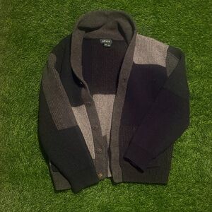 Orvis Shawl Collar Charcoal and Black Patchwork Knit 100% Wool Cardigan XXL